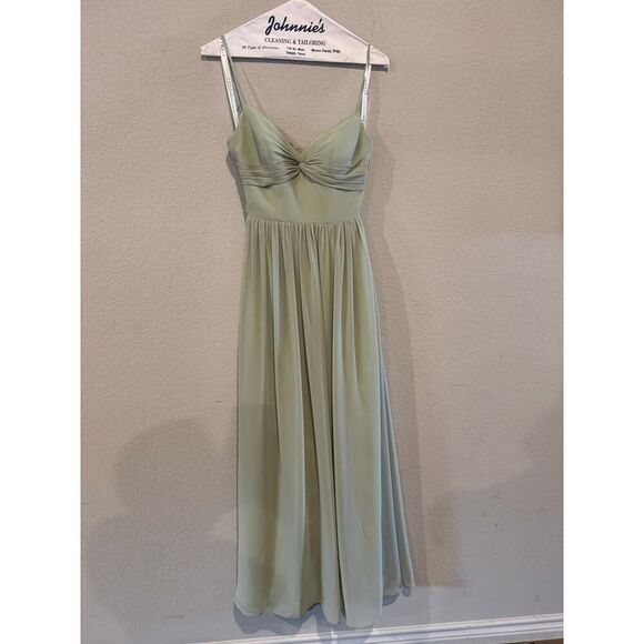 Azazie Womens Chiffon Spaghetti Strap Ruched Bodice A-Line Gown Sz A0 Sage Green - Picture 2 of 8